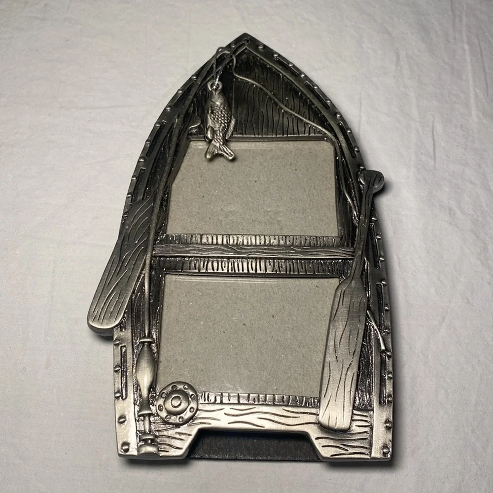 Sixtrees Vintage Pewter Heavy Double Fishing Themed Photo Frame 3x2 NWOT